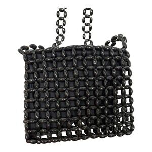 Giannini Vintage Black Wooden Bead Cross Body Bag Cloth Lined Boho Coastal